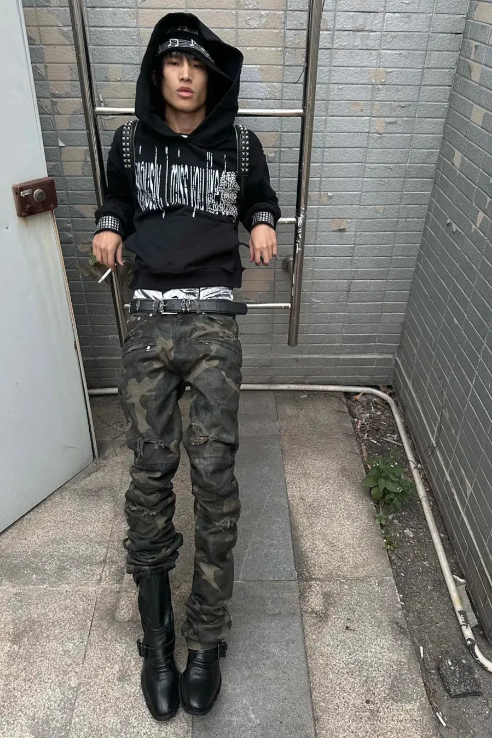 Wax Coated Camo Distressed Jeans