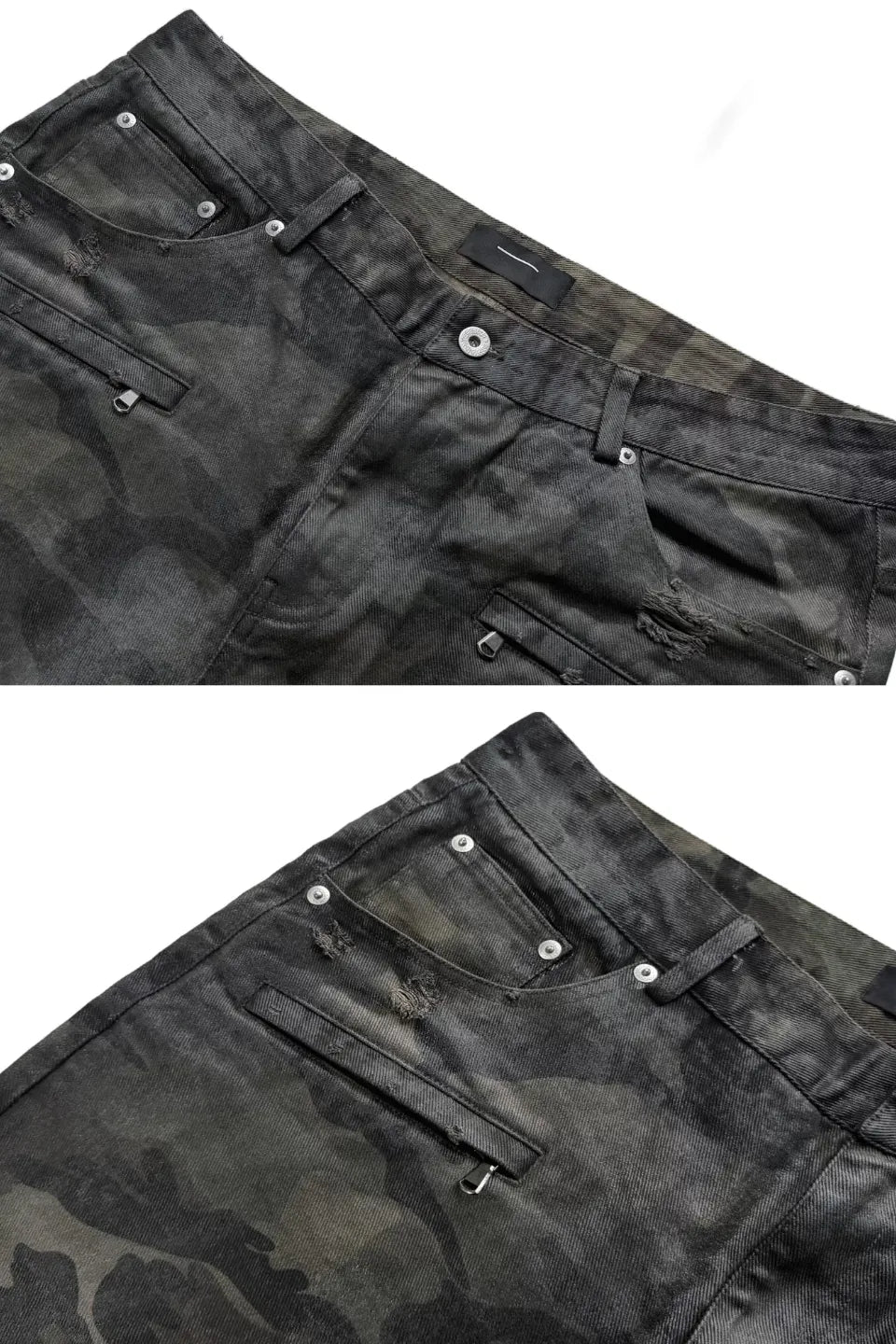Wax Coated Camo Distressed Jeans
