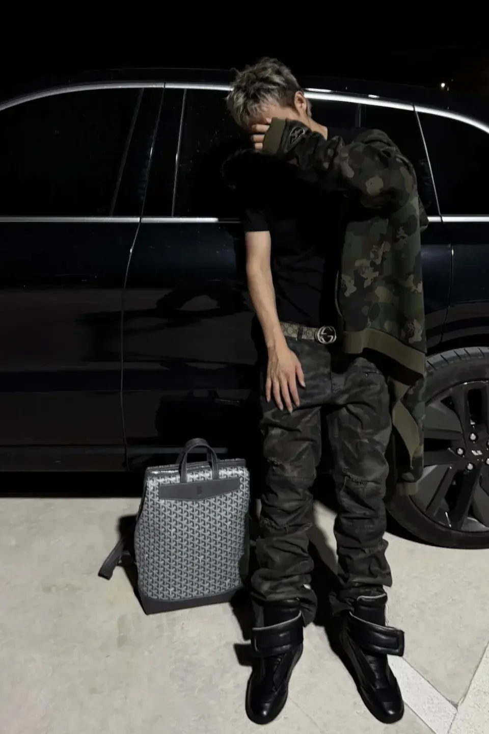 Wax Coated Camo Distressed Jeans