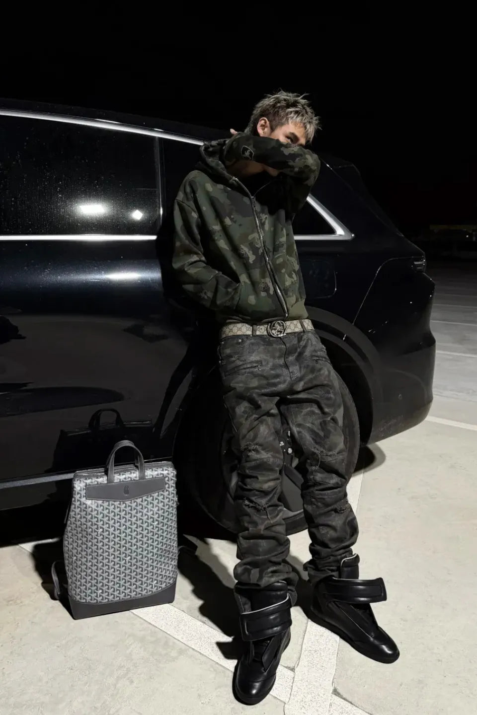 Wax Coated Camo Distressed Jeans