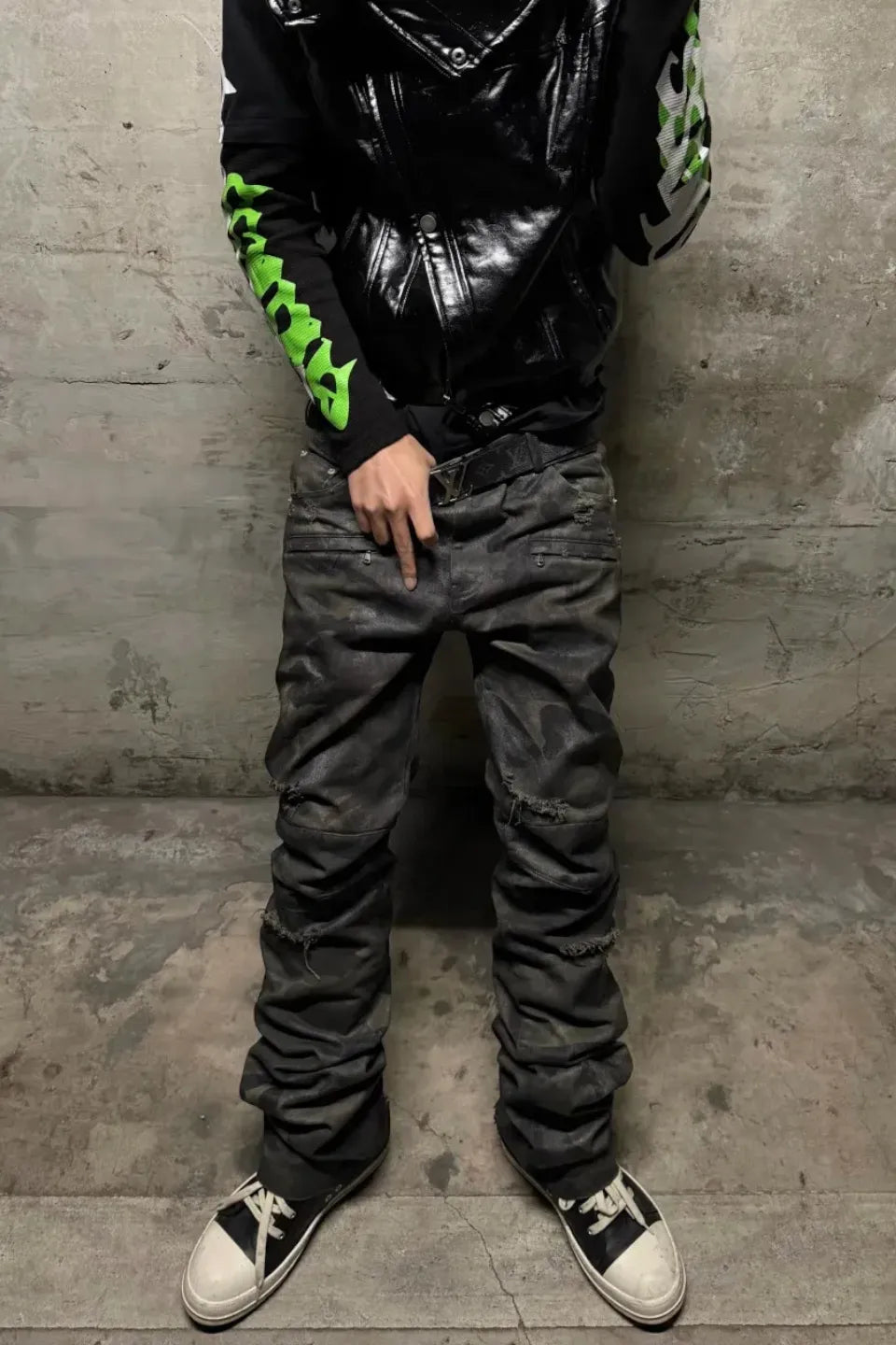 Wax Coated Camo Distressed Jeans