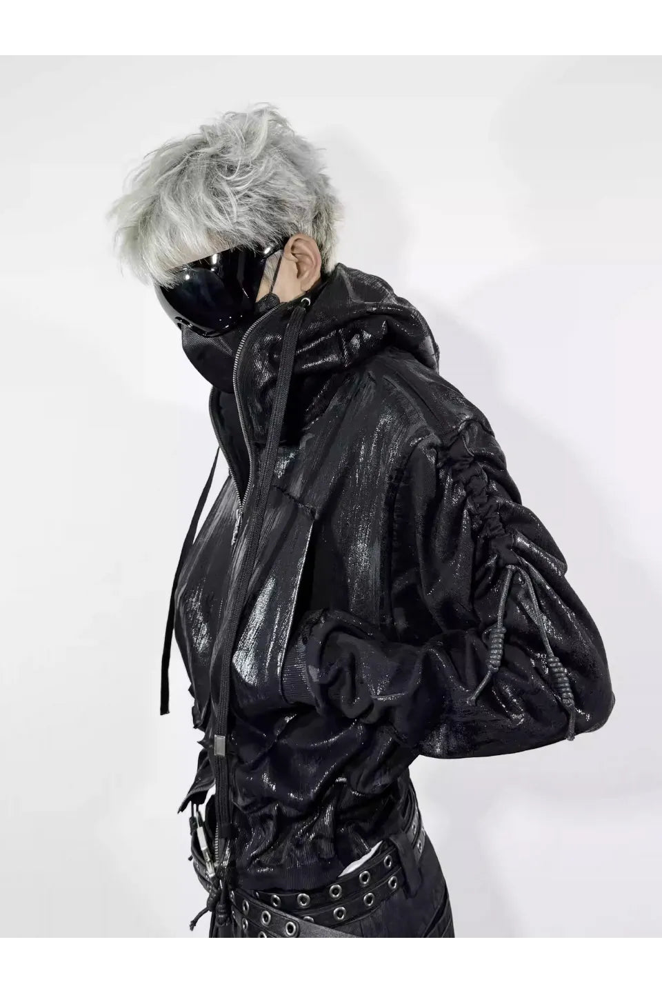 Wax Coated Hoodie Jacket with Drawstring Hem and Chain Detail