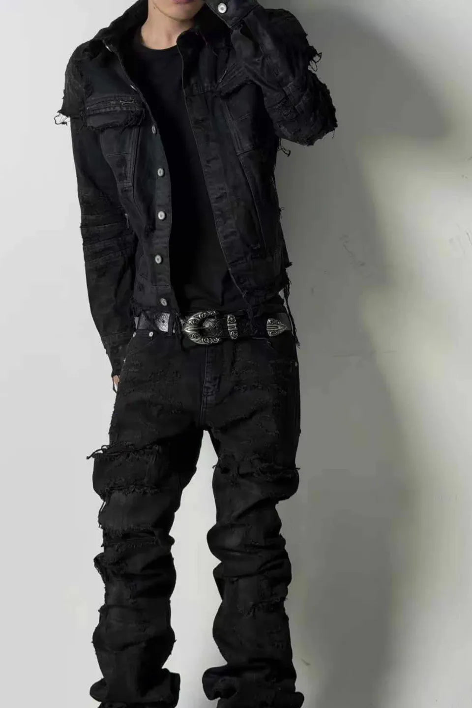 Wax Coated Destroyed Slit Denim Jacket