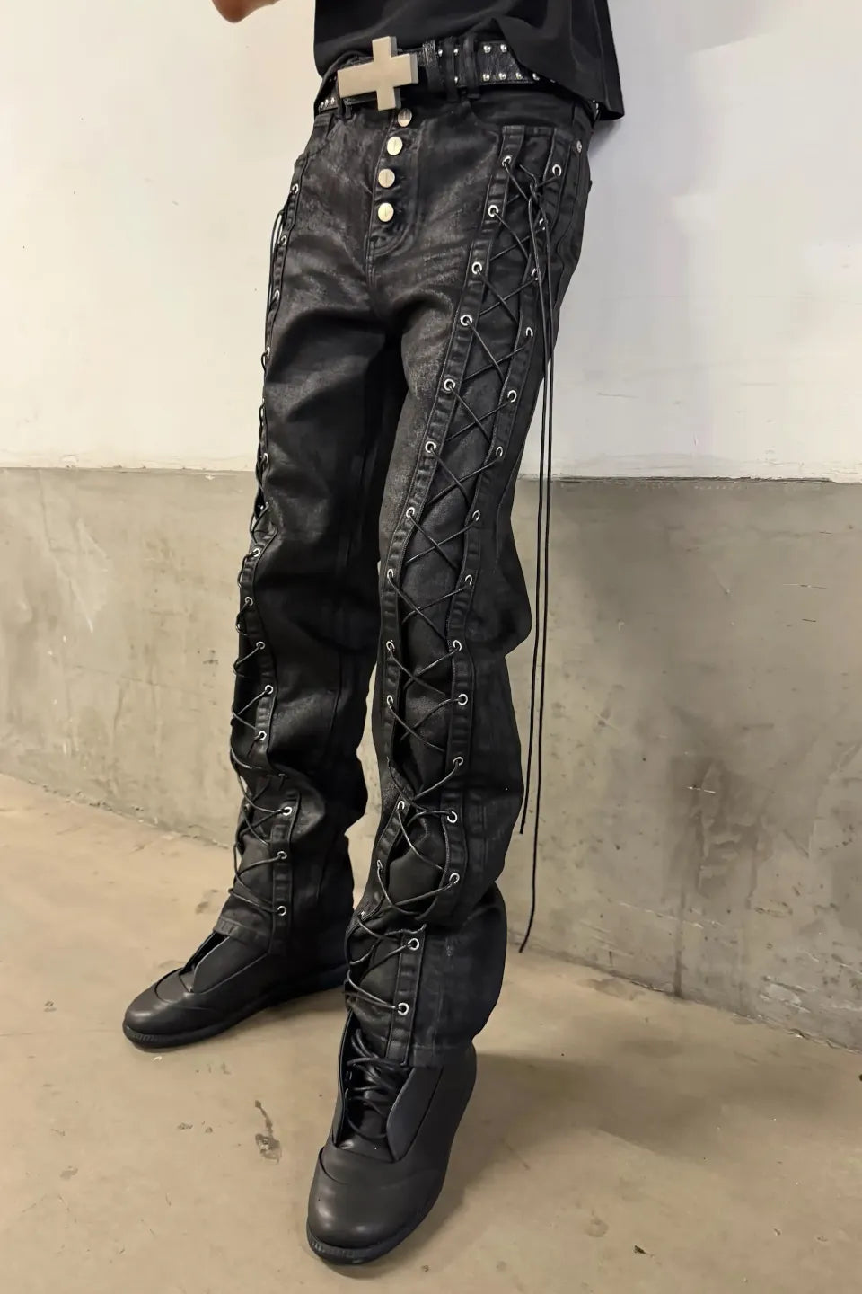 Wax Coated Straight Strapped Pants