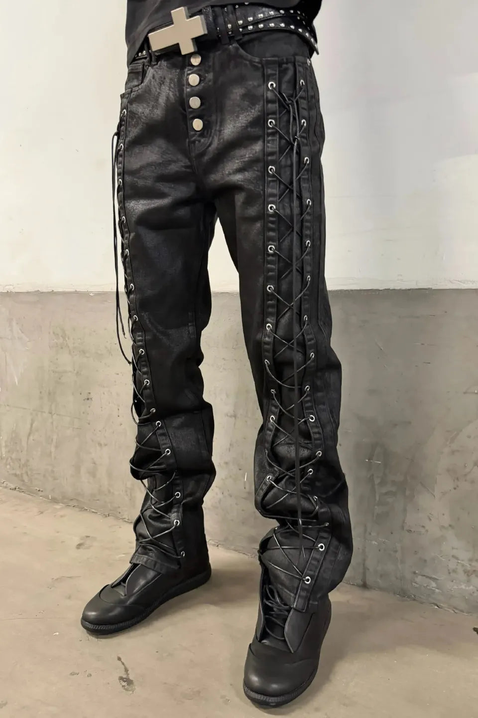 Wax Coated Straight Strapped Pants