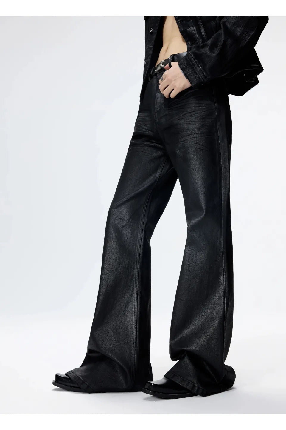 Waxed Flare Denim Trousers