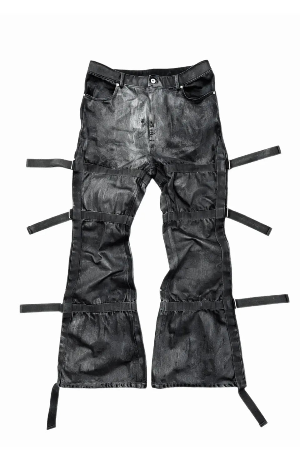 Waxed Paint Textured Adjustable Buckle and Ribbon Slightly Flared Loose Jeans