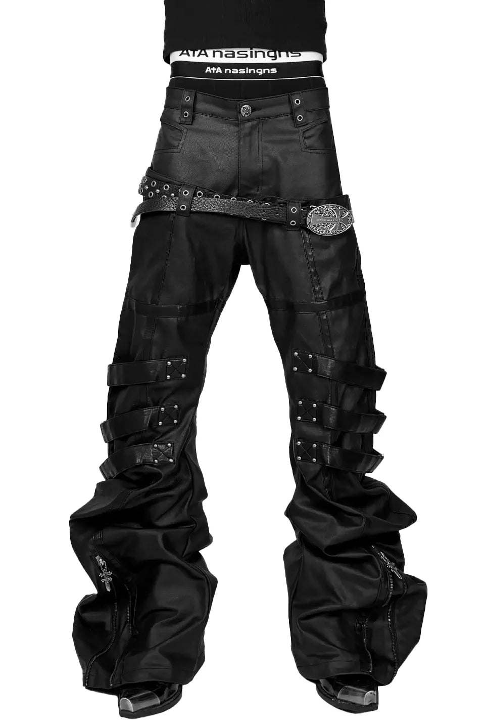 Waxed Banana Cut Leather Panel Stacked Pants