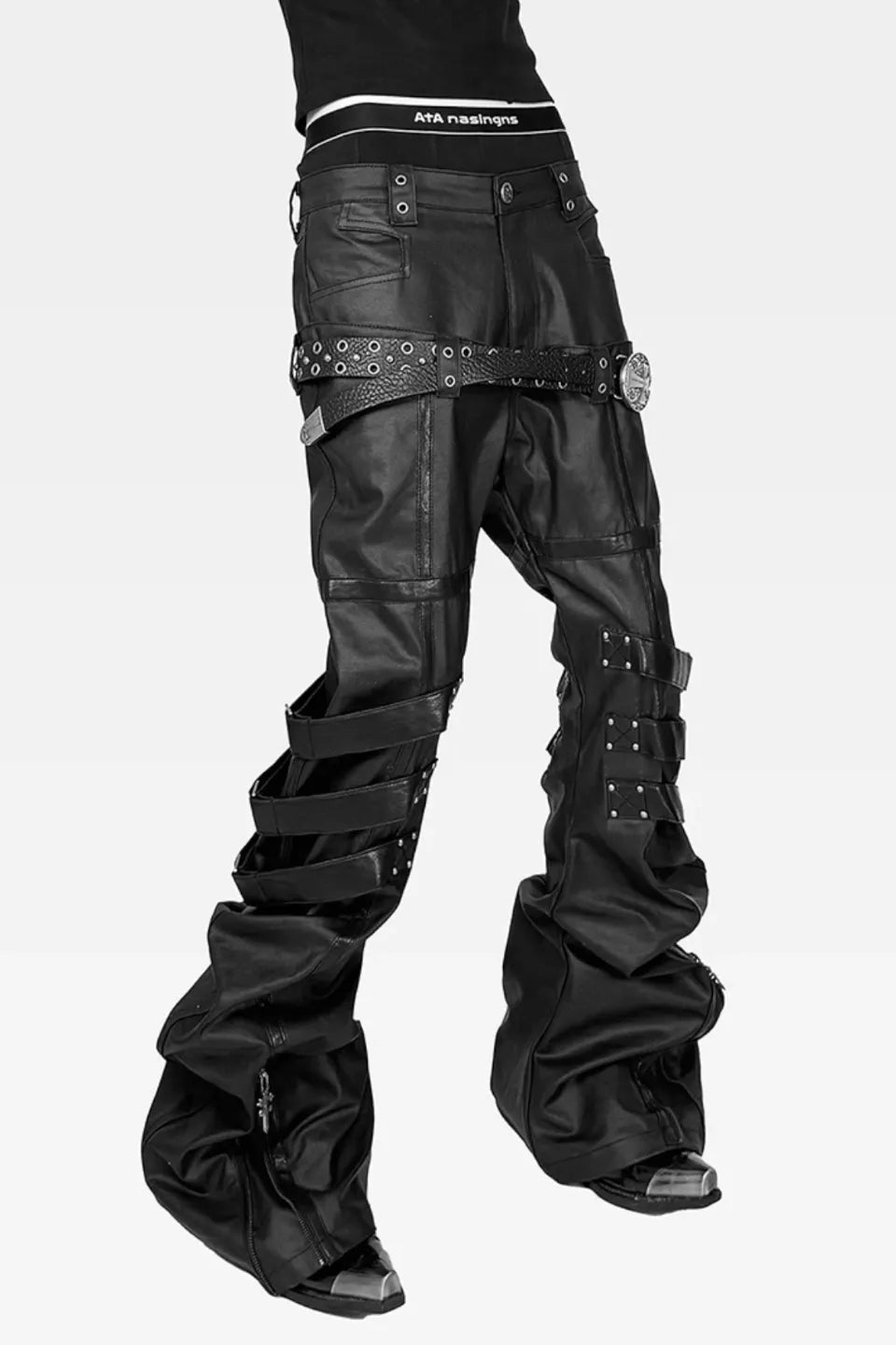 Waxed Banana Cut Leather Panel Stacked Pants