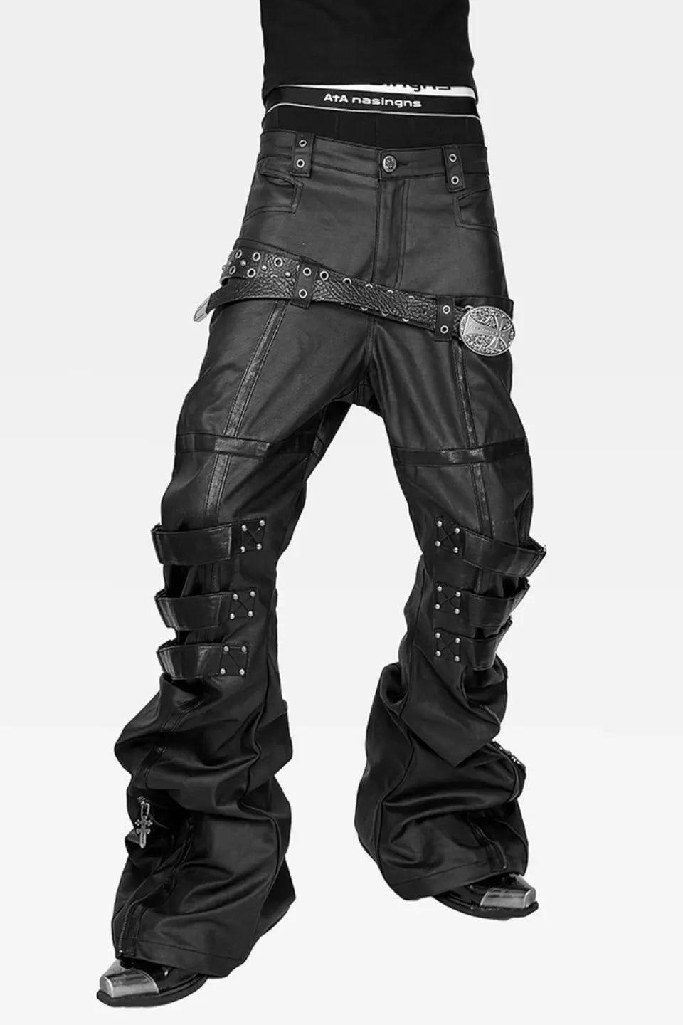 Waxed Banana Cut Leather Panel Stacked Pants