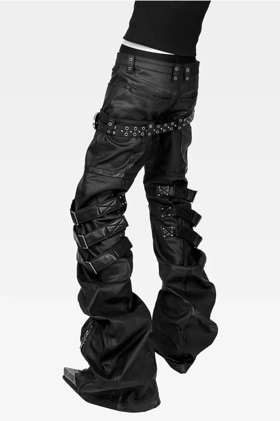 Waxed Banana Cut Leather Panel Stacked Pants