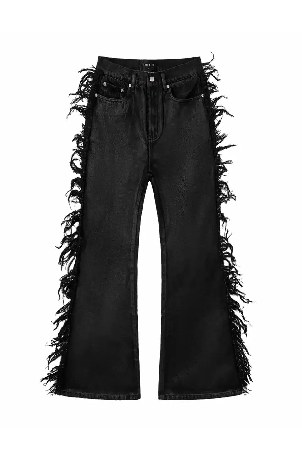 Waxed Coated Raw Edge Distressed Flared Jeans
