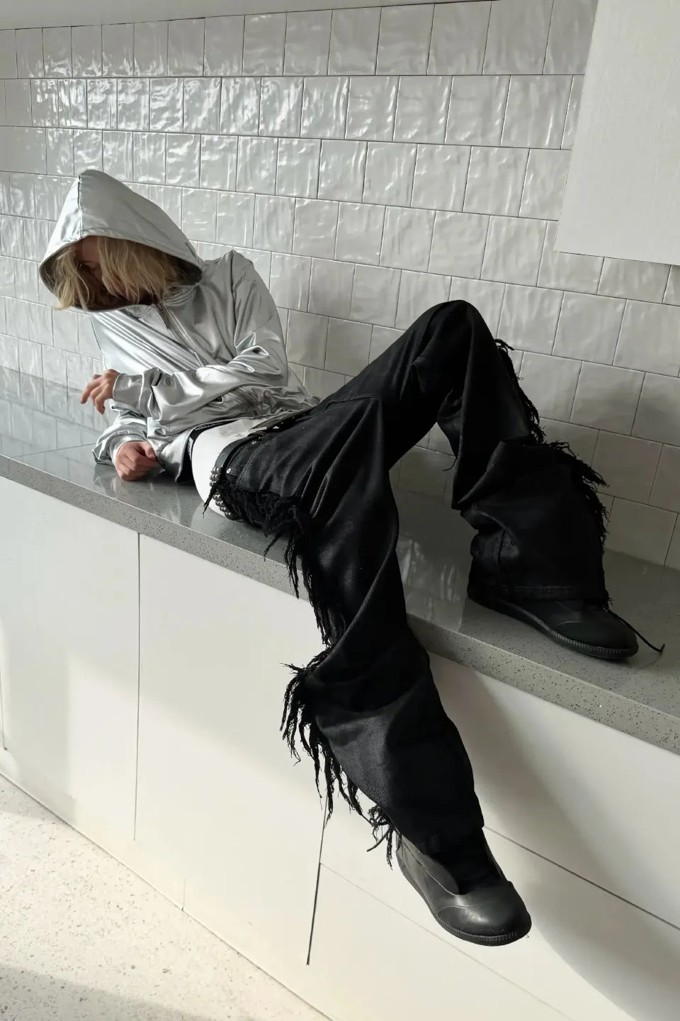 Waxed Coated Raw Edge Distressed Flared Jeans