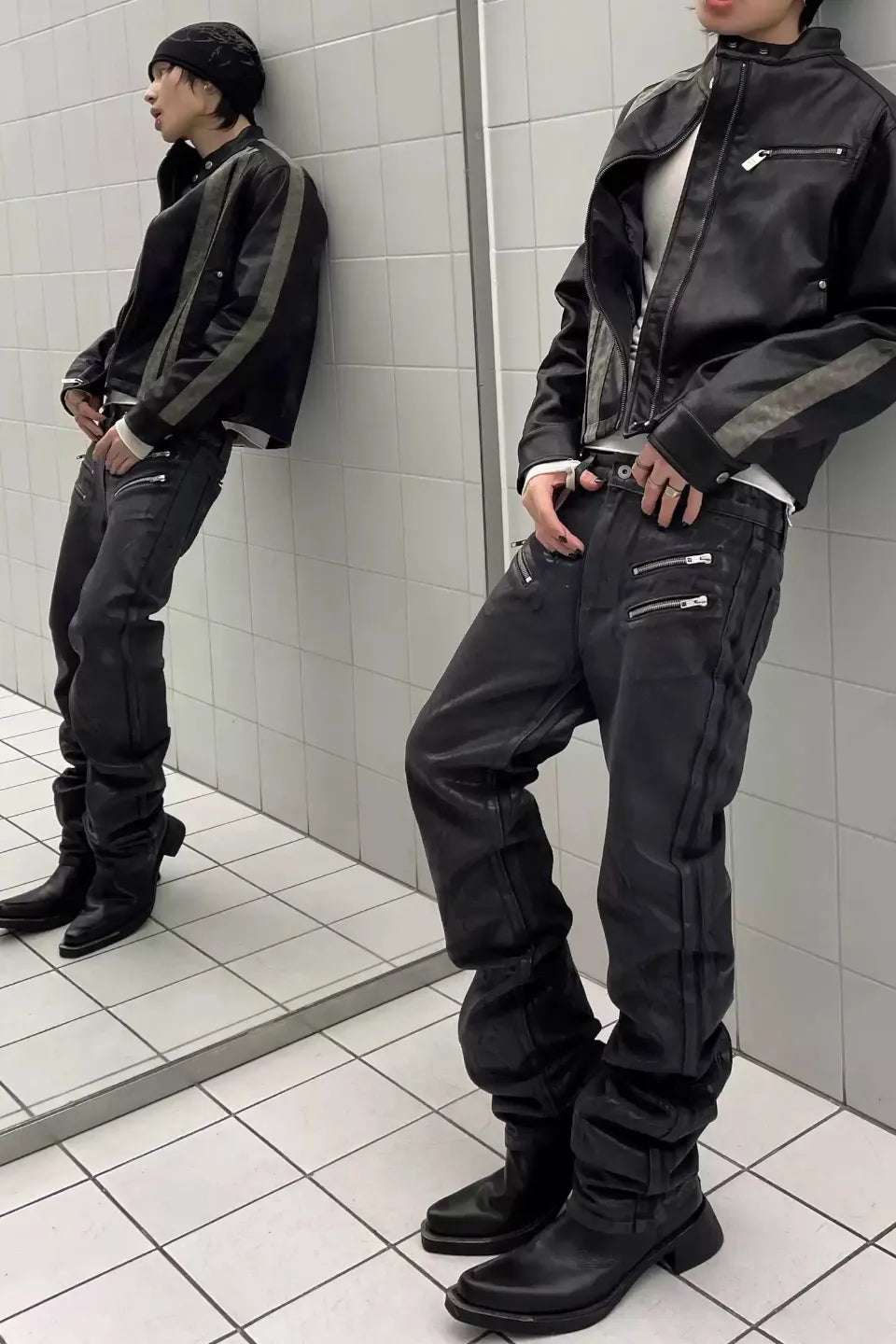 Waxed Rubber Coated Embossed Jeans
