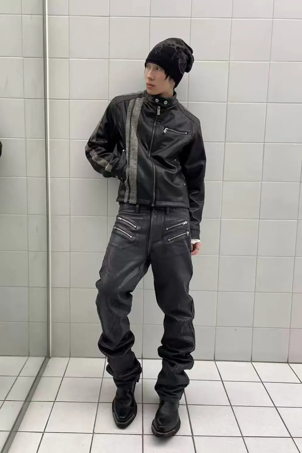 Waxed Rubber Coated Embossed Jeans