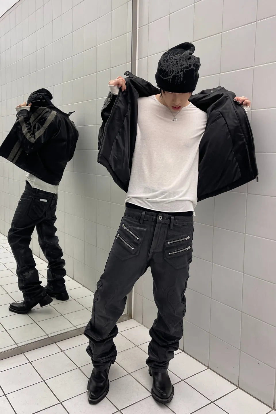Waxed Rubber Coated Embossed Jeans