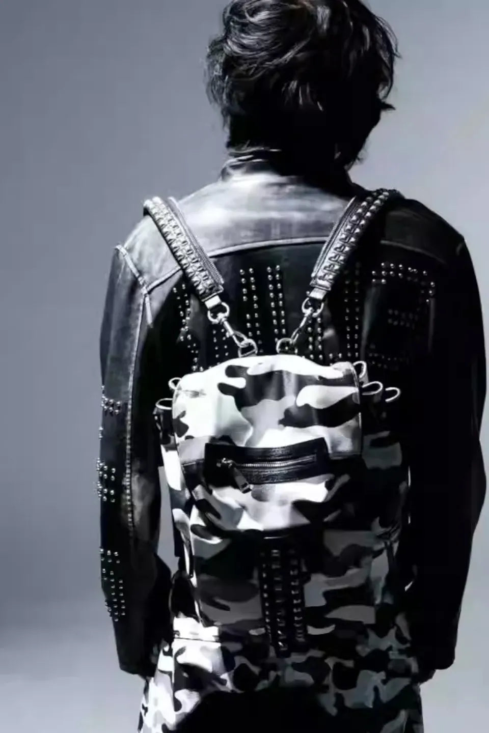 White Camo Rivet Zipper Backpack