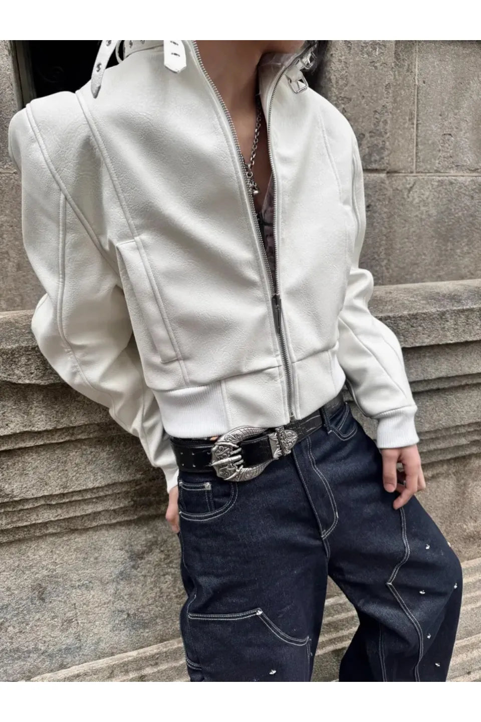 White Devil Fur Collar Leather Jacket