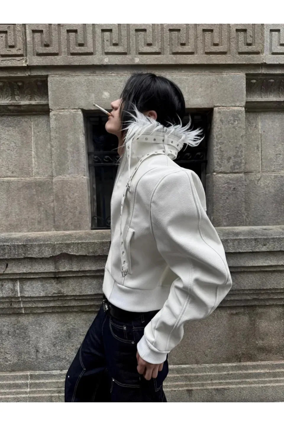 White Devil Fur Collar Leather Jacket