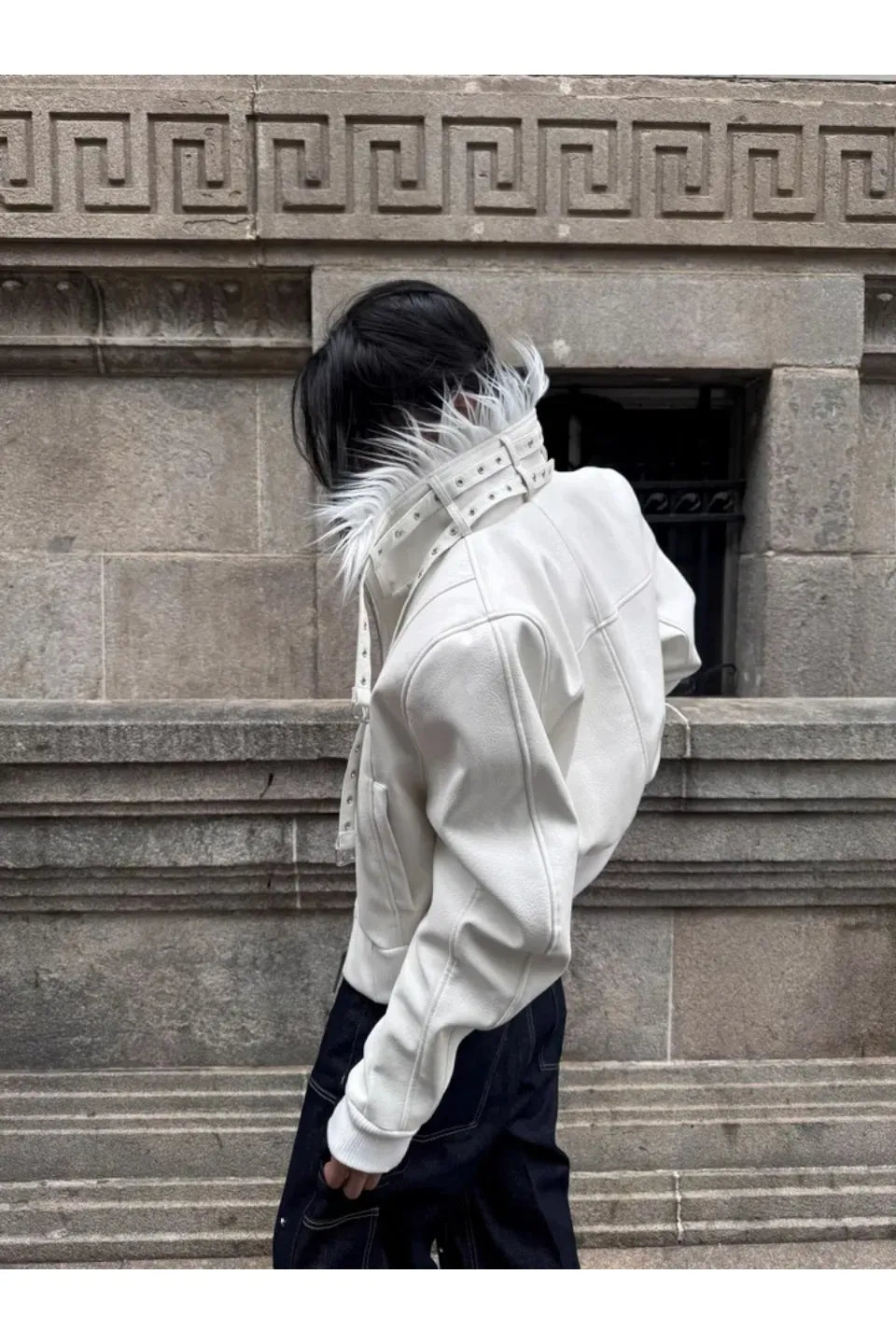 White Devil Fur Collar Leather Jacket