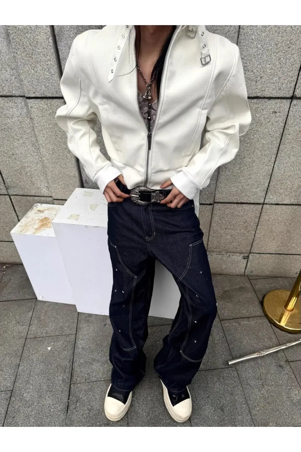 White Devil Fur Collar Leather Jacket