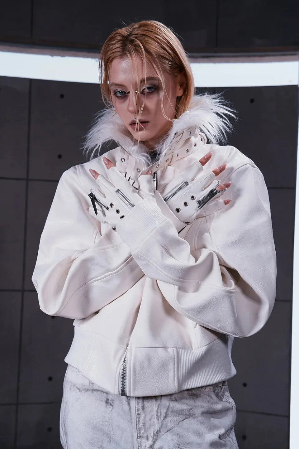 White Double Zipper Layered Gloves