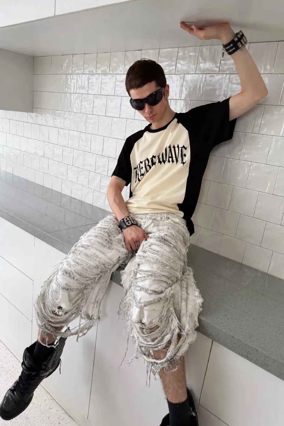 White Waxed Shredded Cutout Shorts