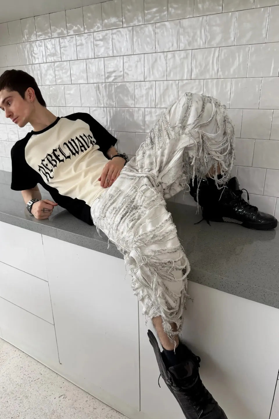 White Waxed Shredded Cutout Shorts