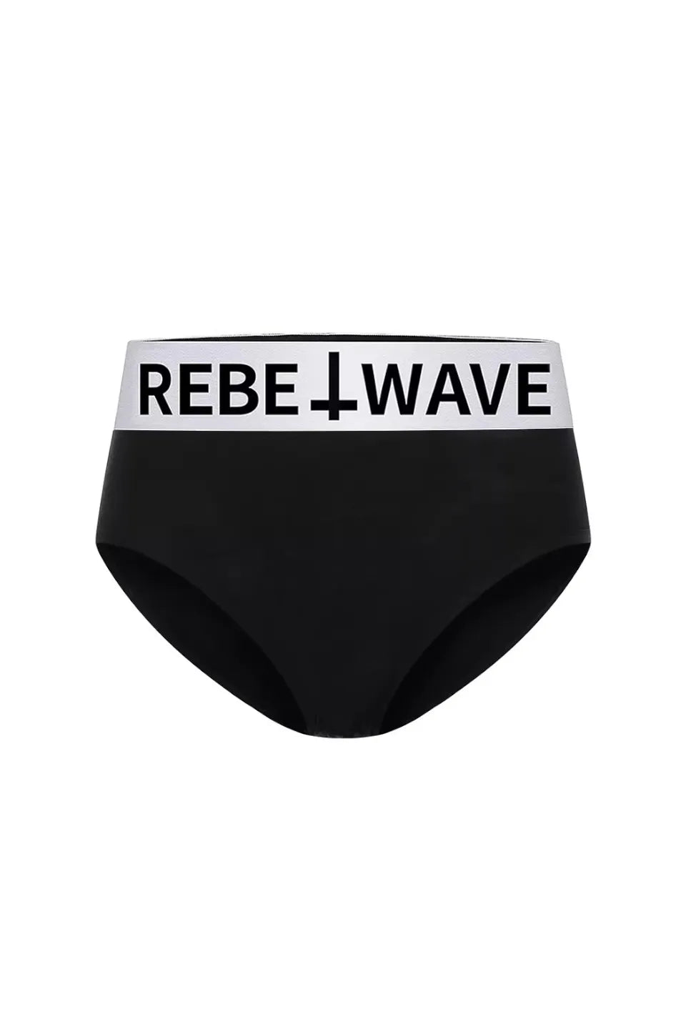 REBEL WAVE Womens Logo Panties - ウエストゴムにブランドロゴがデザインされたブラックのレディースショーツ正面