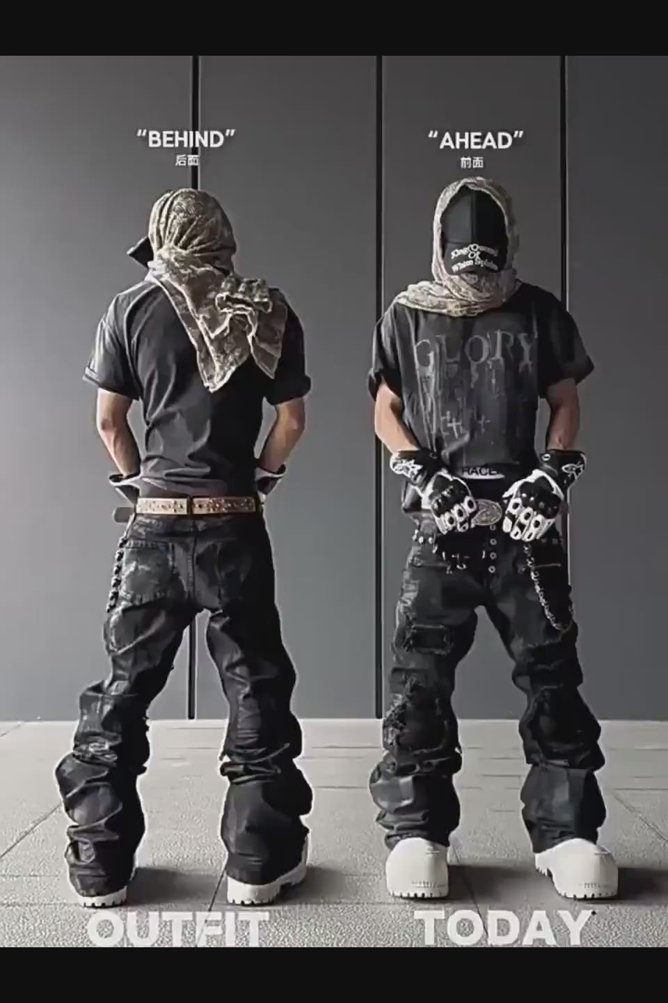 ROLLING MONEY Dark Waxed Curved Biker Jeans - 重厚なワックス加工と膝の蛇腹ディテールが特徴の立体裁断バイカーデニム