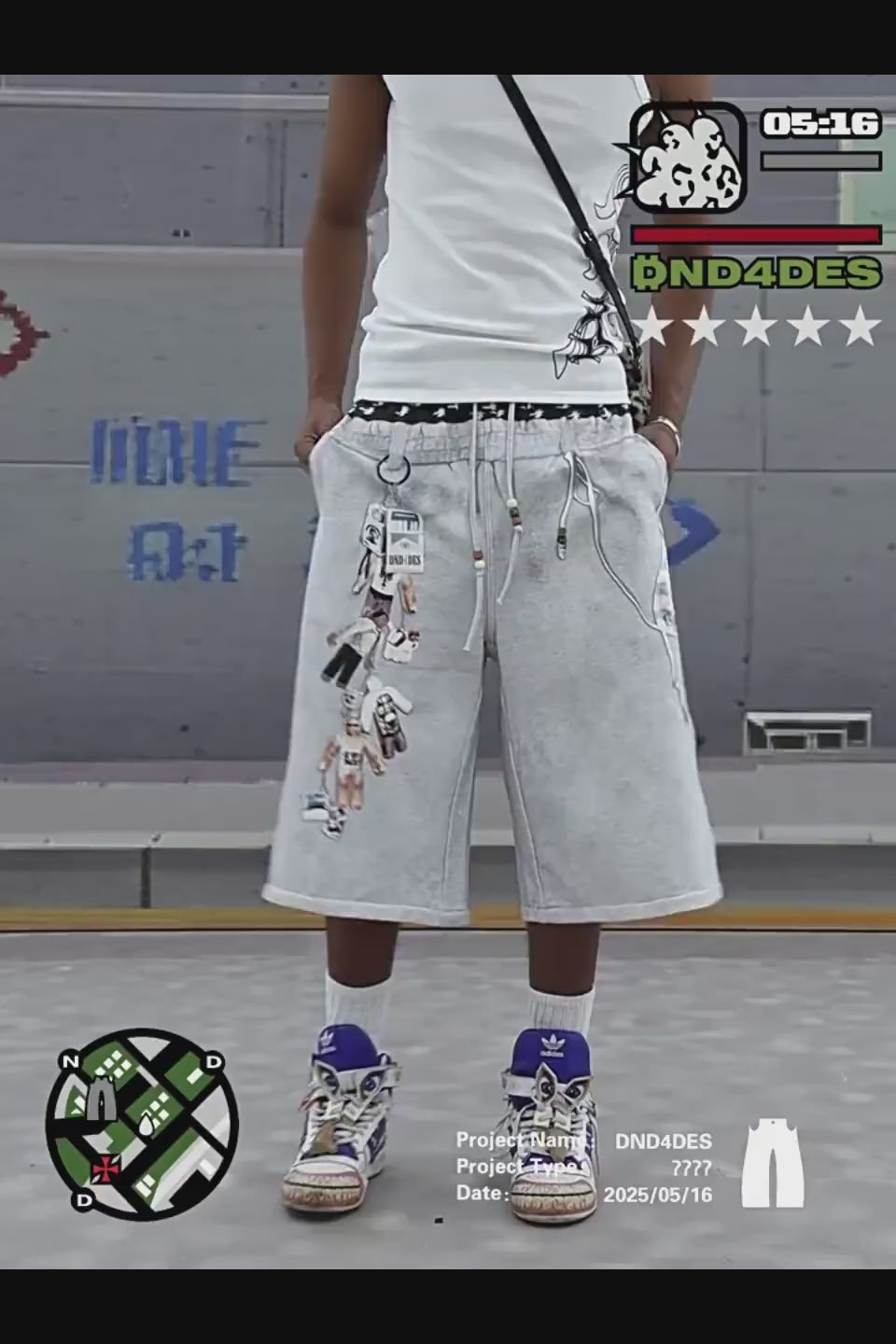 DND4DES Double Waist Doll Sweat Shorts - バニーモチーフのダブルウエストとドールパッチワークが特徴のグレースウェットショーツ