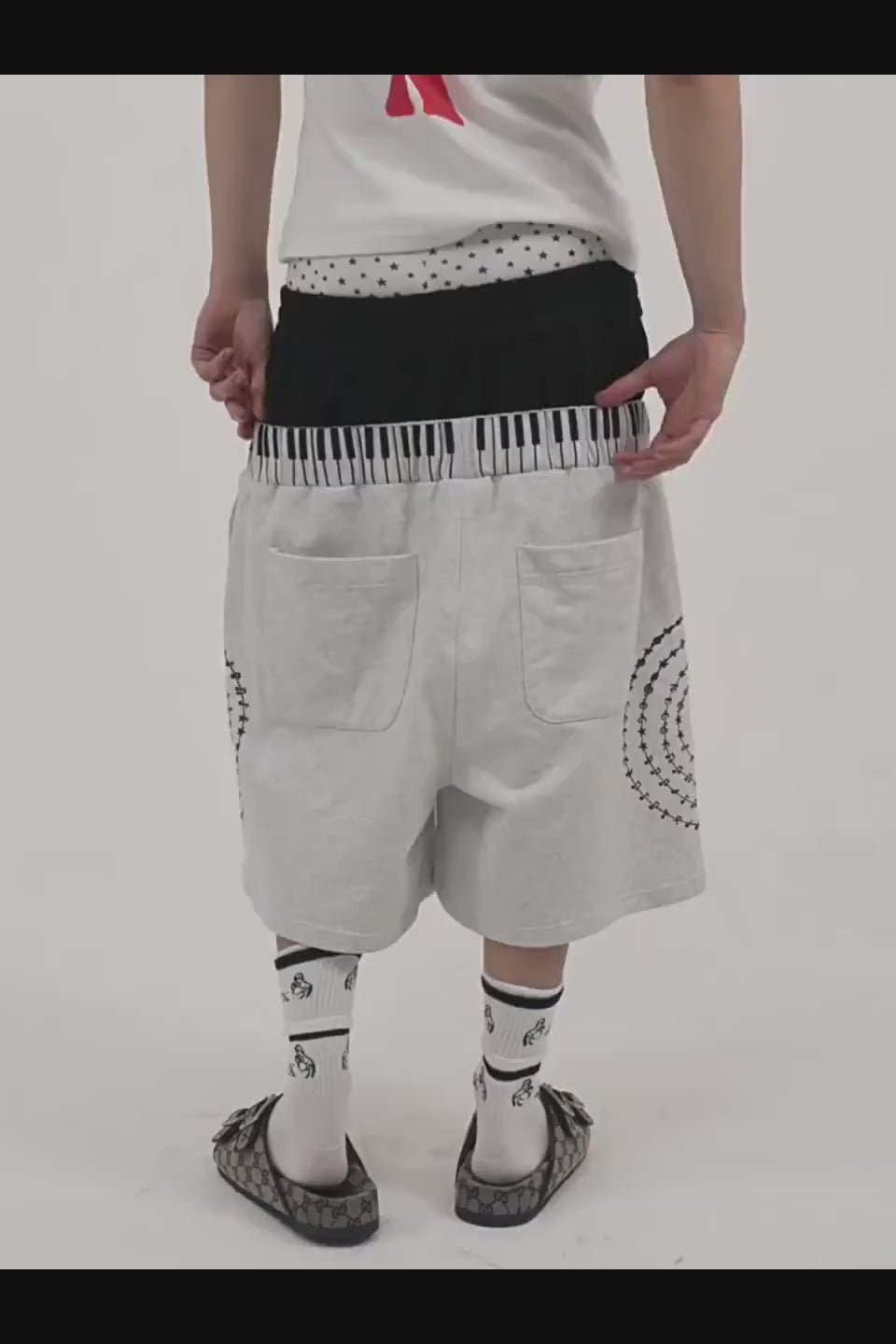 FOURTH3EX | Dual Waist Piano Music Note Cropped Sweatpants
