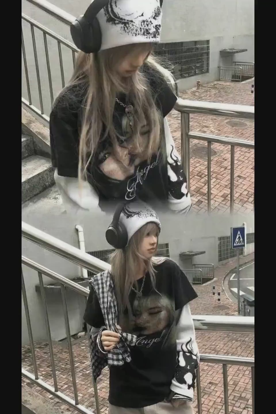 PCCVISION レイヤードトップスの袖部分。白いワッフル素材に施された赤いファイヤーグラフィックとレタリングプリント