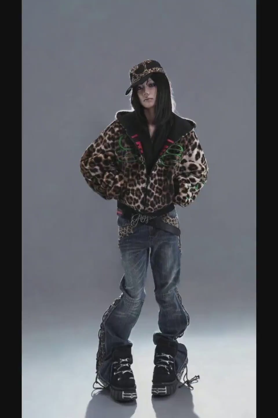 PCCVISION Reversible Leopard Hoodie Jacket - ヒョウ柄ファーとグリーンのCode 333刺繍が特徴の面