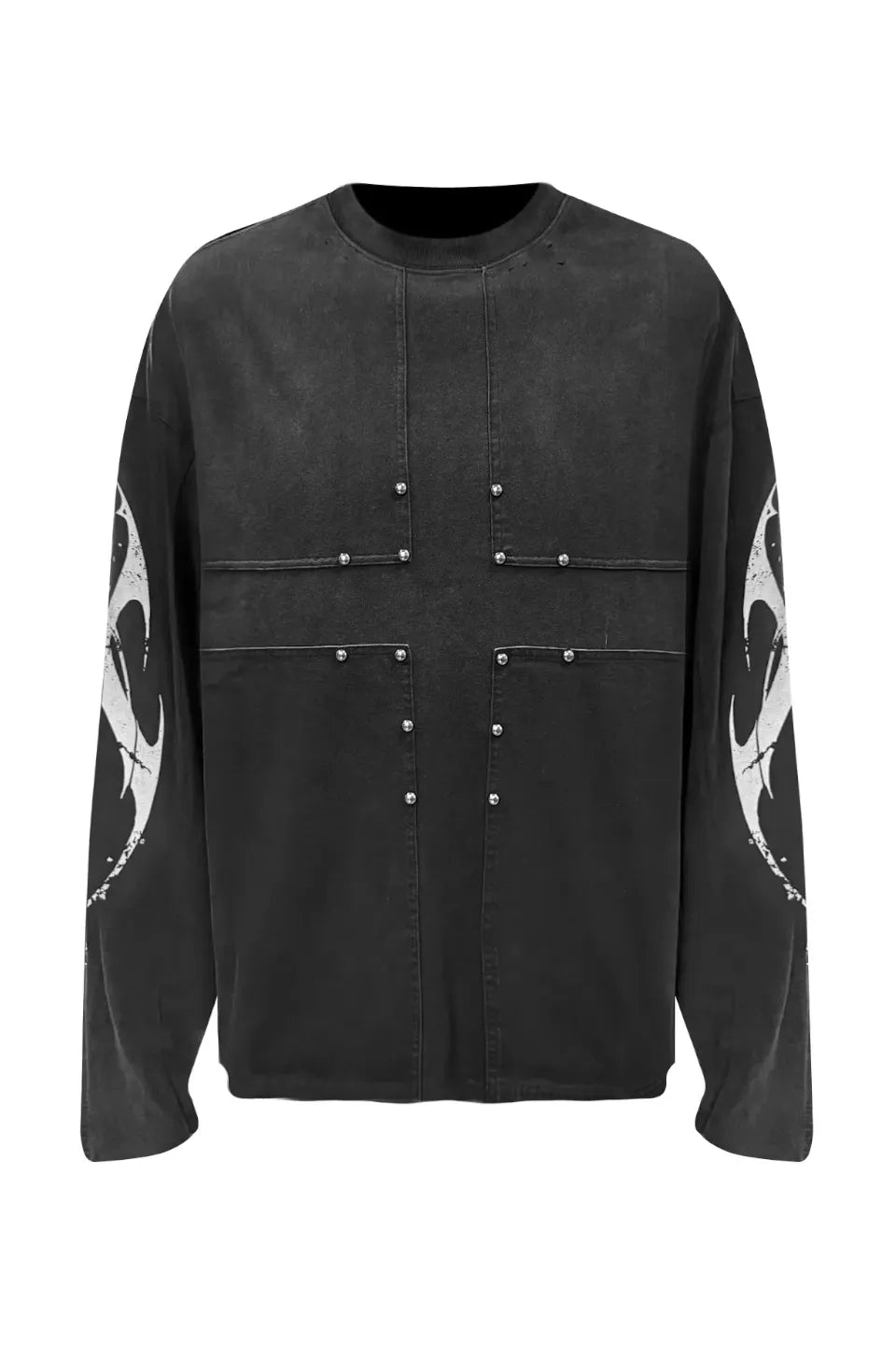 x FFF Distressed Cross Shape Round Neck Long Sleeve T-shirt
