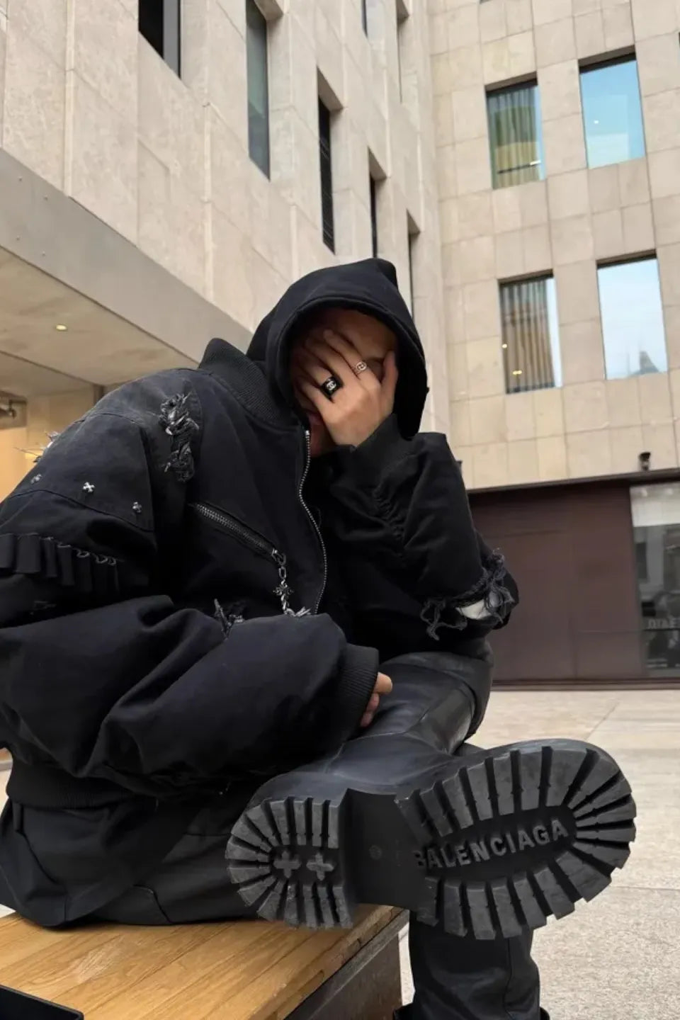 x GOJOYJINNI Washed Round Shaped Bomber Double Layered Hat Aviation Jacket